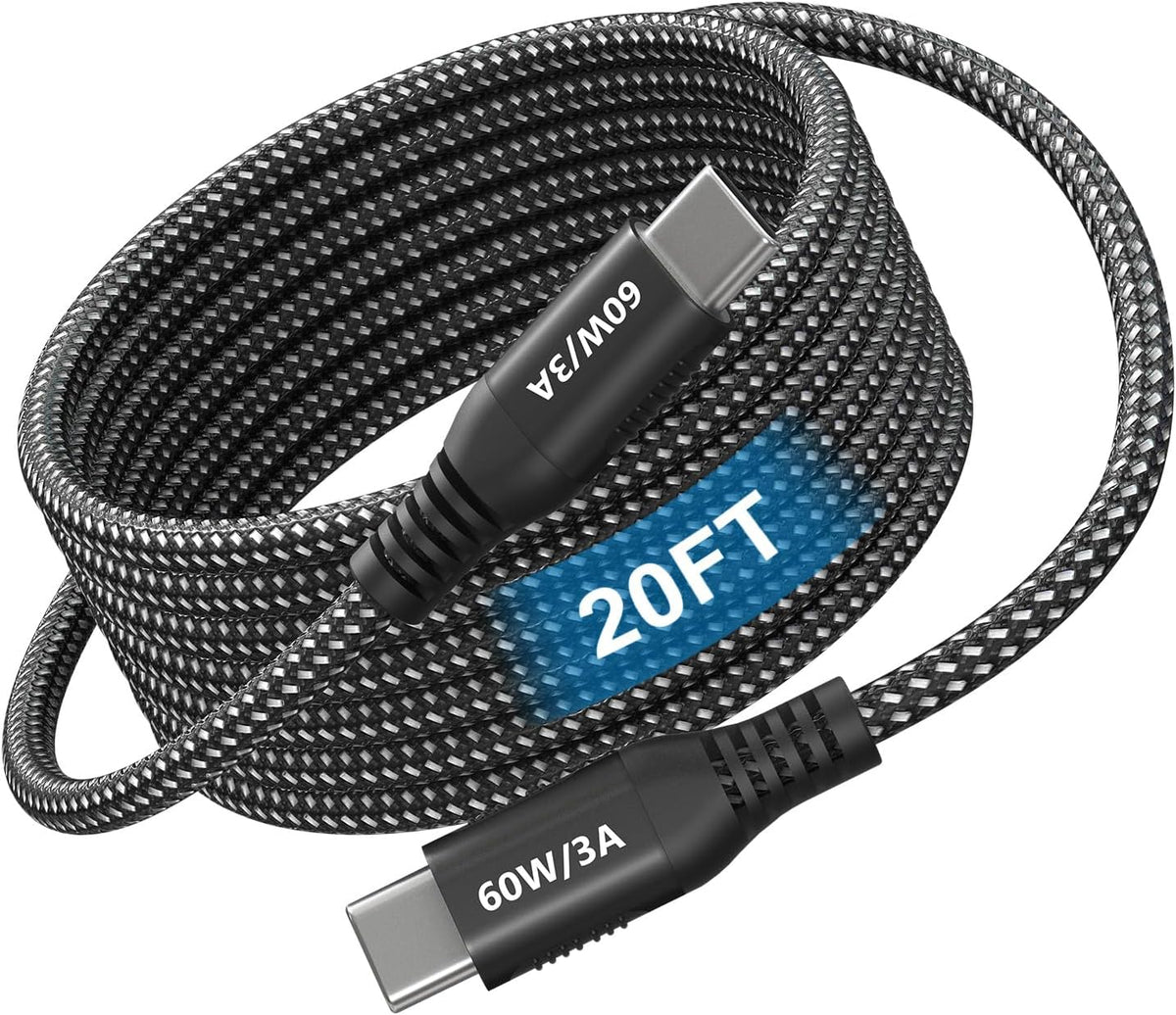 Cable USB C a USB C de 6 metros (20 pies), súper largo, 60 W, tipo C a C, cable de carga trenzado USB 2.0, transferencia de datos, cable USB C largo, compatible con iPhone 15/16, Samsung Galaxy, Pixel, iPad Pro/Air, MacBook Pro/Air.