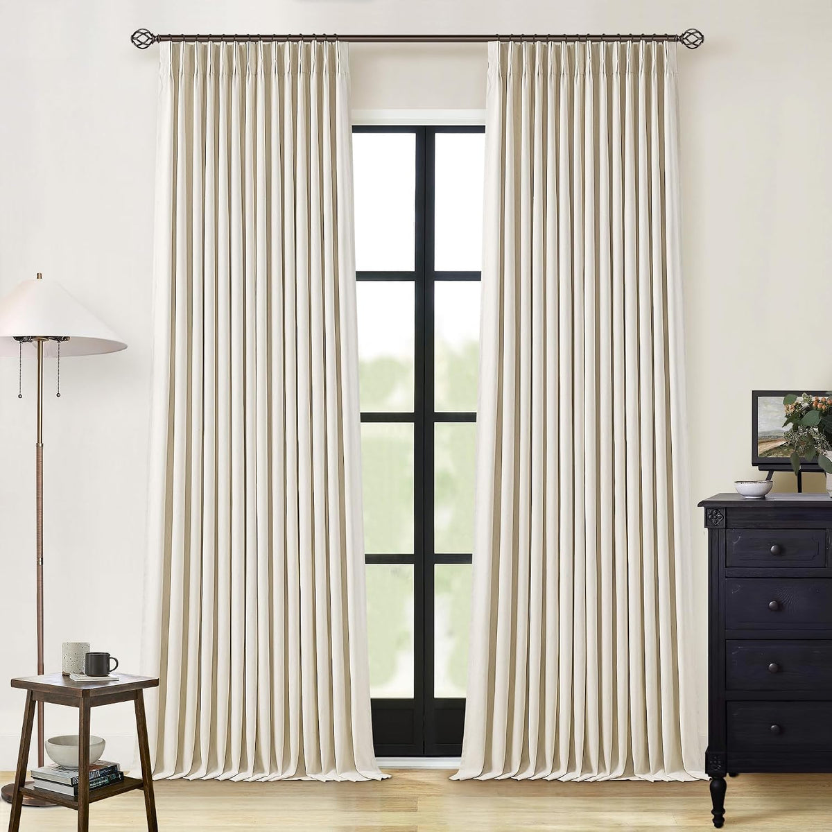 Cortinas Opacas Lino Crema Beige 259 cm | Pliegues Pellizcados Forma Memoria | Bloqueo Total Luz | Térmicas Aislantes Estilo Granja | Juego 2 Paneles