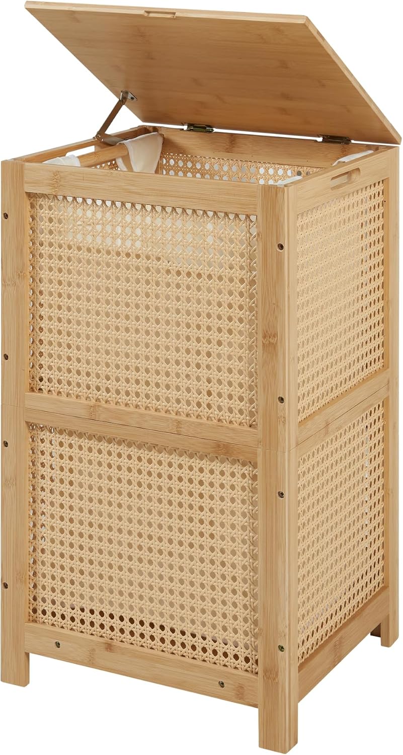 TIOPGHAD Bamboo-Laundry-Hamper-Wicker-Basket-with-lid Large Wood Laundry Hampers Basket Bin Storage Organizer for Dirty Clothes, Laundry Room, Bathroom, Bedroom, Living Room, Home Decor(13Gallon/50L)