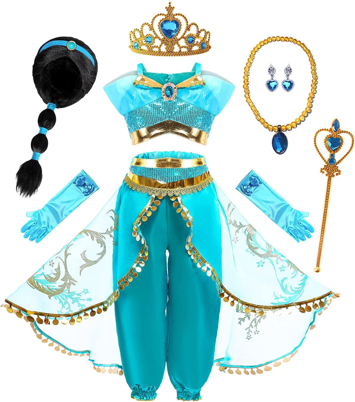Disfraz de princesa árabe Mecamelon para niñas, ideal para Halloween (con peluca azul, para niñas de 6 años).