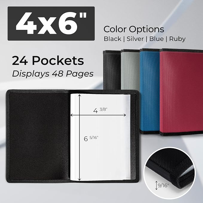 Álbum de fotos Dunwell 4x6 (2 paquetes, negro), papel de montaje, pequeño portafolio de arte de 4 x 6, carpeta de presentación con 24 fundas transparentes que muestran 48 páginas, libro de imágenes