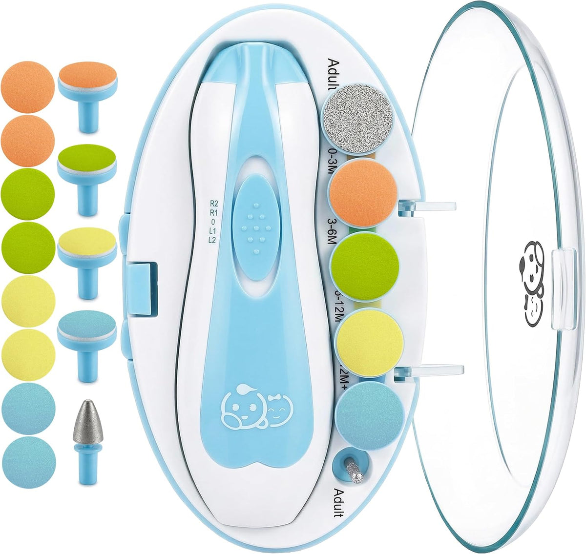 Cortauñas eléctrico Royal Angels mejorado 21 en 1 para bebés con estuche etiquetado, 13 almohadillas de repuesto adicionales, kit seguro de lima de uñas eléctrica para recién nacidos y niños pequeños, cortauñas ultrasilencioso con luz LED (azul)