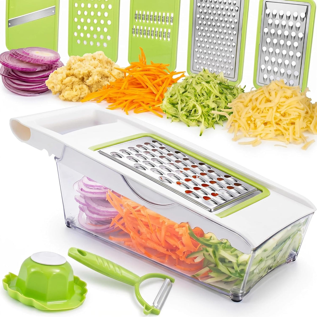 NACOLUS Rallador de Queso con Contenedor | Mandolina 5 en 1 para Cocina, Rebanador Multiuso de Verduras, Rallador y Pelador Fáciles de Limpiar