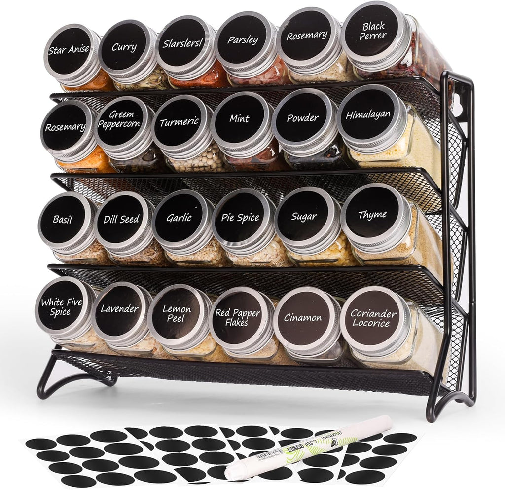 DIDITIME Spice Rack Organizer with 24 Glass Jars and 60 Spice Labels, Seasoning Organizer for Kitchen, Countertop, Cabinet, Pantry, Cupboard，Spice Organization for Cabinet， Space-Saving & Tidy