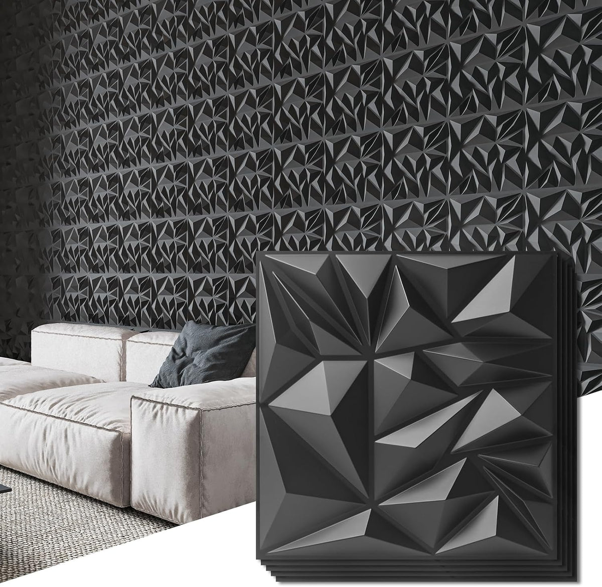 Paneles de pared 3D Art3d, paquete de 50 unidades, para decoración de interiores, paneles de pared modernos con textura de diamante para sala de juegos, sala de estar, fondo de TV, 30 x 30 cm, color negro.