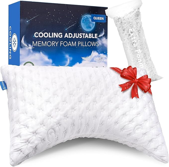 KUCEY - Almohada refrescante para dormir lateral para dolor de cuello y hombros, almohadas de espuma viscoelástica triturada de lujo curvadas para dormir, juego de 1 - Ajustable tamaño Queen - Funda