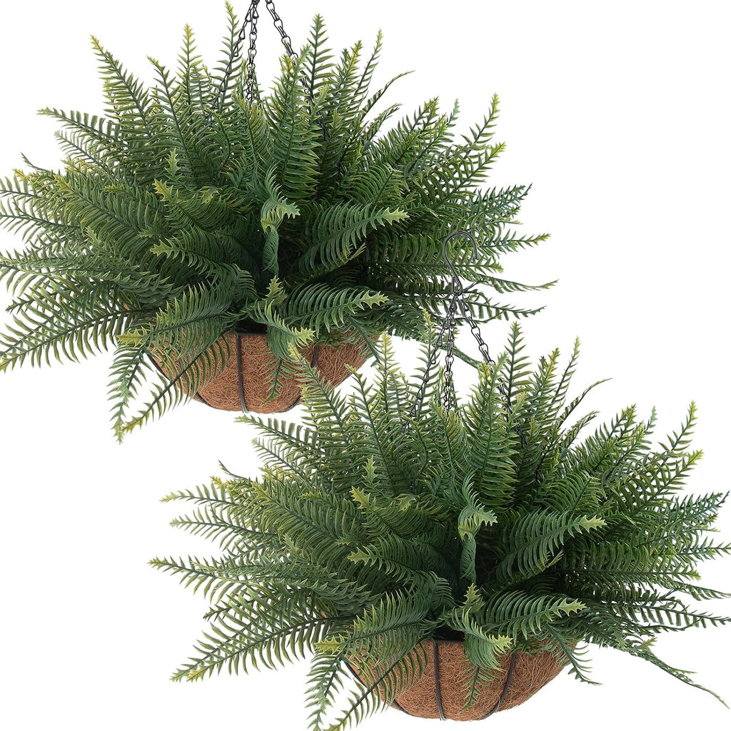 Cestas colgantes con helechos artificiales, 2 plantas colgantes artificiales para exteriores, 2 macetas colgantes con 24 helechos artificiales para decoración de interiores y exteriores, porche, jardín, balcón, patio y hogar (2, verde).
