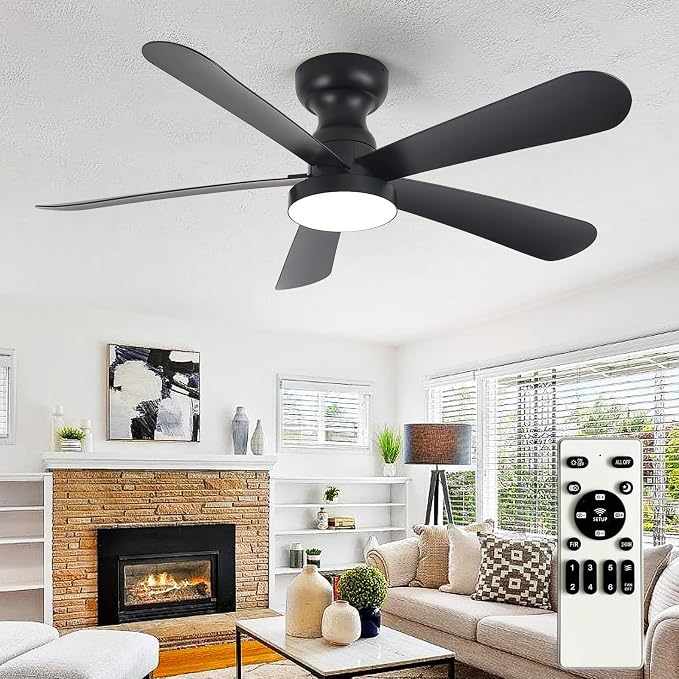 Depuley Ventilador de techo negro con luces: ventilador de montaje empotrado de 42 pulgadas con luz y control remoto, ventiladores de techo de perfil bajo, motor CC silencioso reversible