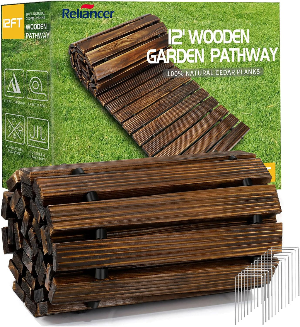 RELIANCER Sendero de jardín de madera de 3,65 m, pasarela recta de cedro enrollable para exteriores, pasarelas decorativas para patios y jardines, suelo de madera enrollable resistente a la intemperie para playa, pasarelas para bodas y fiestas.