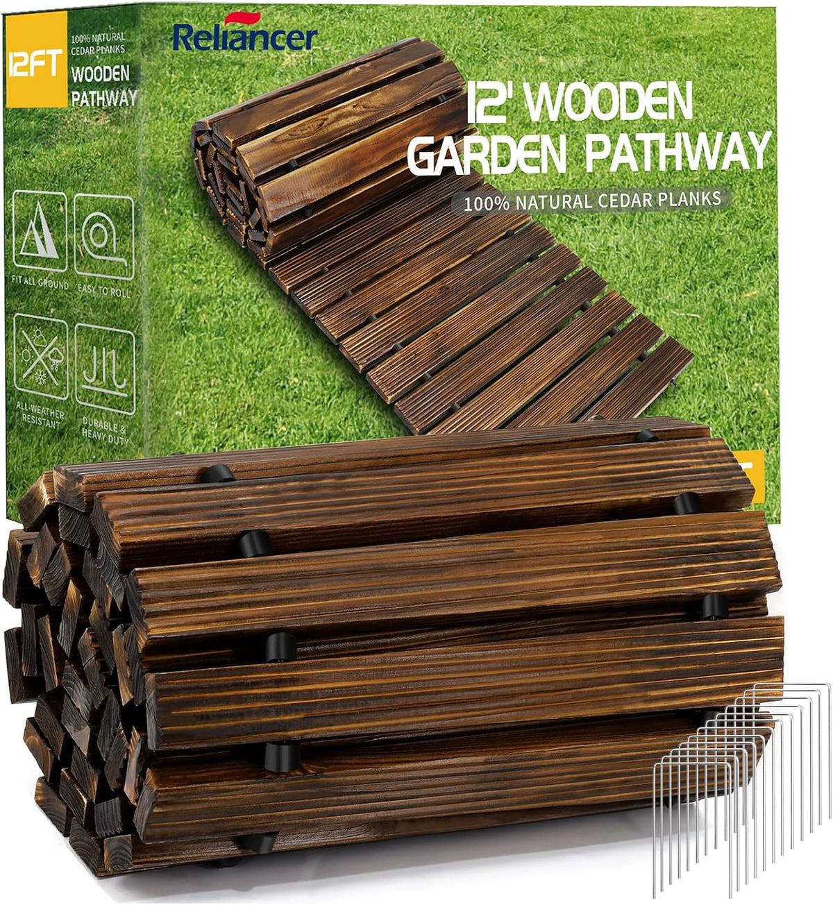 RELIANCER Sendero de jardín de madera de 3,65 m, pasarela recta de cedro enrollable para exteriores, pasarelas decorativas para patios y jardines, suelo de madera enrollable resistente a la intemperie para playa, pasarelas para bodas y fiestas.