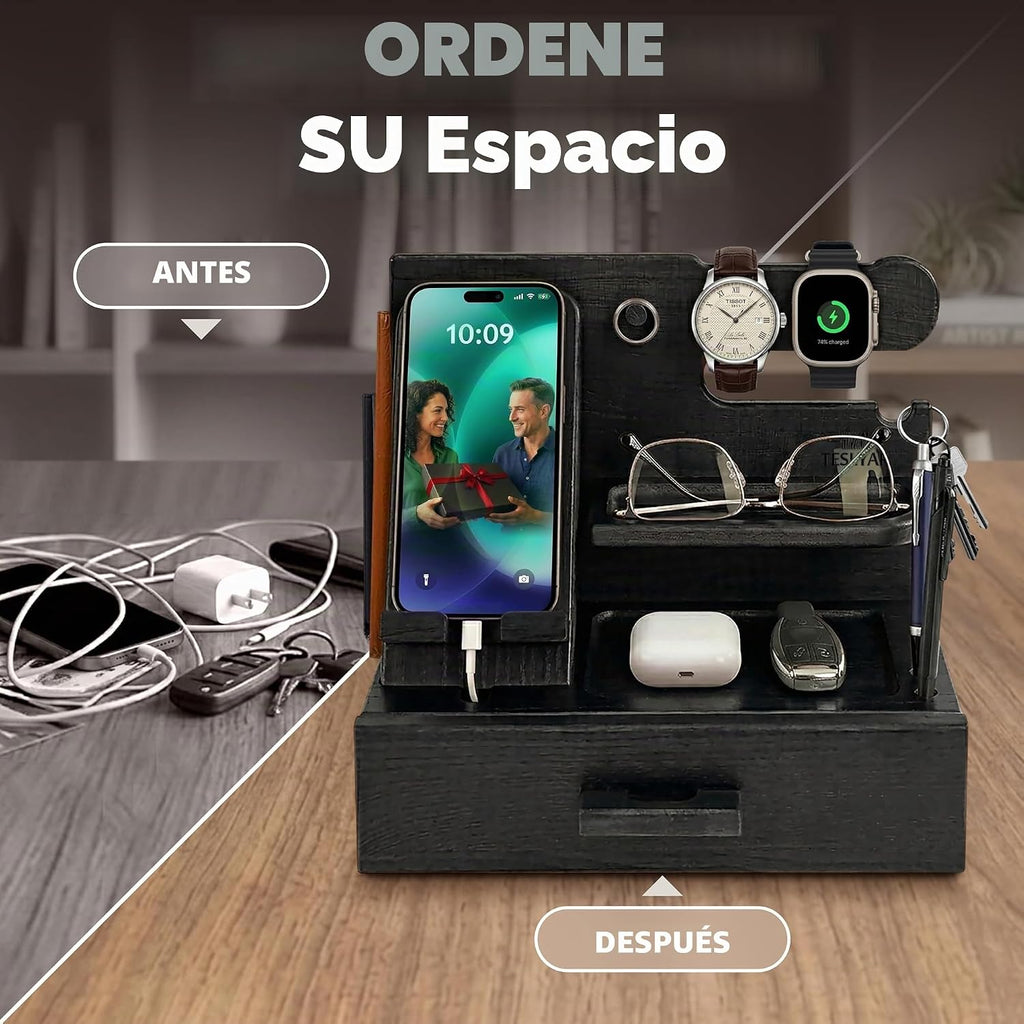 TESLYAR Estación de Acoplamiento de Madera para teléfono con cajón, Accesorios de Escritorio y Organizador de Espacio de Trabajo, Organizador de mesita de Noche, Regalos de cumpleaños para Hombres