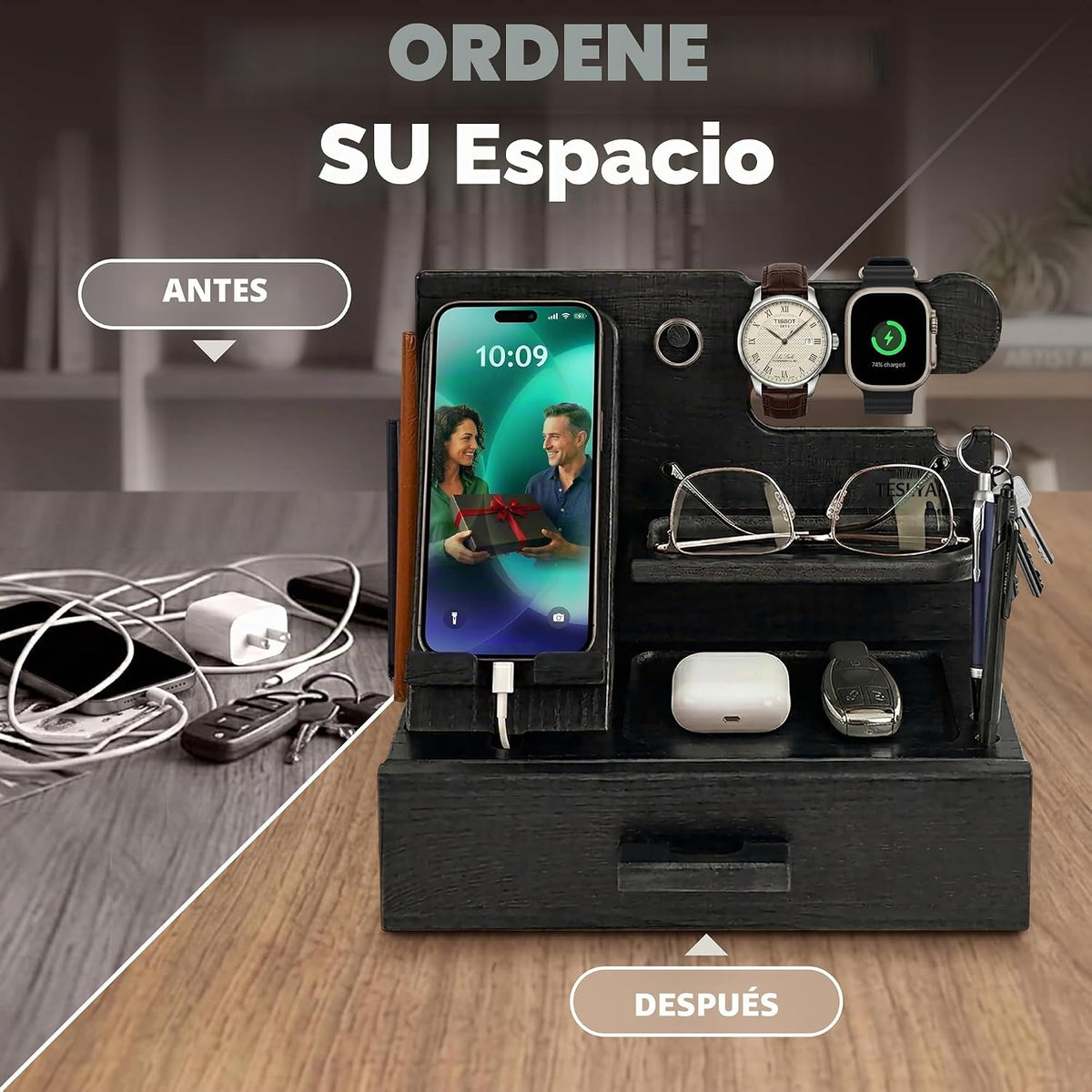 TESLYAR Estación de Acoplamiento de Madera para teléfono con cajón, Accesorios de Escritorio y Organizador de Espacio de Trabajo, Organizador de mesita de Noche, Regalos de cumpleaños para Hombres