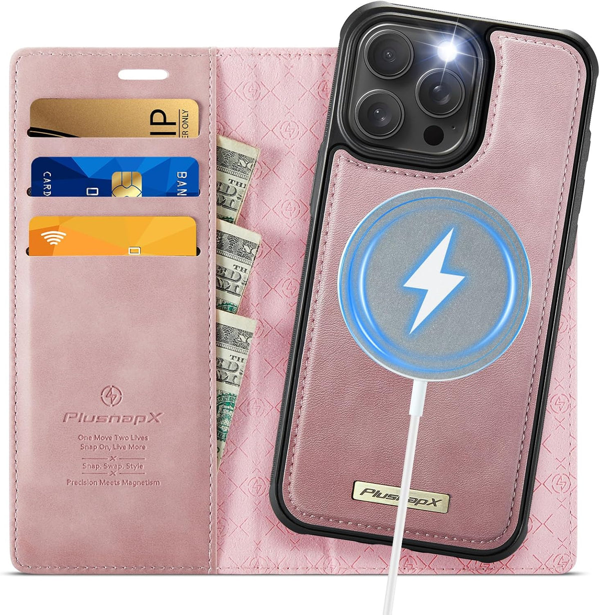 Funda Cartera PlusnapX para iPhone 14 Pro Max Compatible con MagSafe, Cuero PU Abatible 2 en 1 Soporte Titular de Tarjeta Bloqueo RFID Funda Magnética Separable Resistente a Impactos 6,7 Pulgadas, Rosa