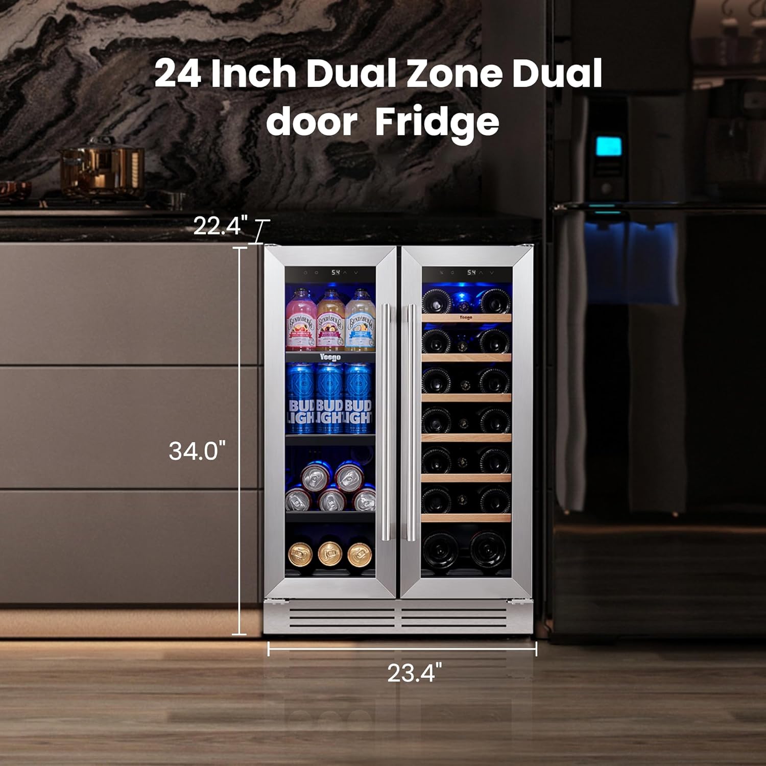 Yeego Wine and Beverage Refrigerator - 24 Inch Dual Zone Wine Fridge 60 Can & 20 Bottle