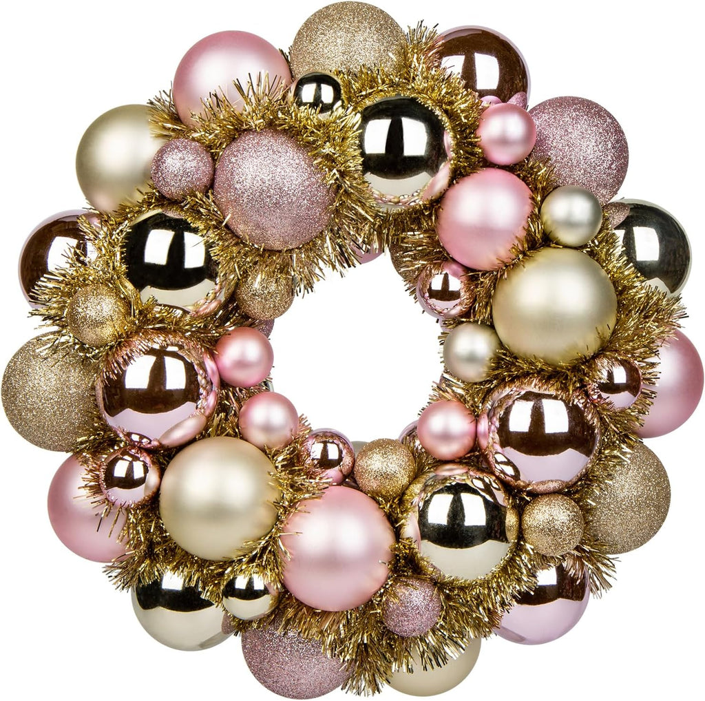 Corona navideña de 33 cm con purpurina, gruesa e irrompible, ideal para puertas, paredes, repisas, fiestas, color champán, dorado y rosa. 