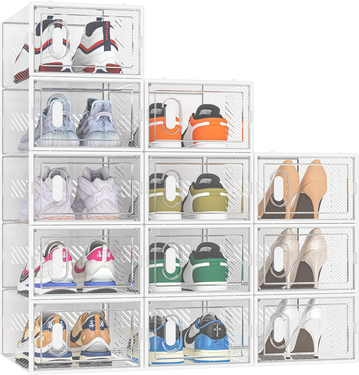 Almacenamiento de zapatos SIMPDIY, paquete de 12 organizadores de zapatos para armario, cajas de zapatos de plástico transparente apilables con tapas para talla 10