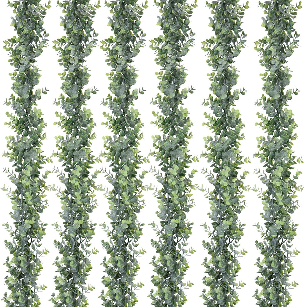 DearHouse Paquete de 6 guirnaldas de eucalipto artificial, enredaderas artificiales colgantes de hojas de eucalipto, guirnalda de follaje verde para decoración de arcos y fondos de bodas, 1,8 metros/pieza, protección UV, para interiores y exteriores.