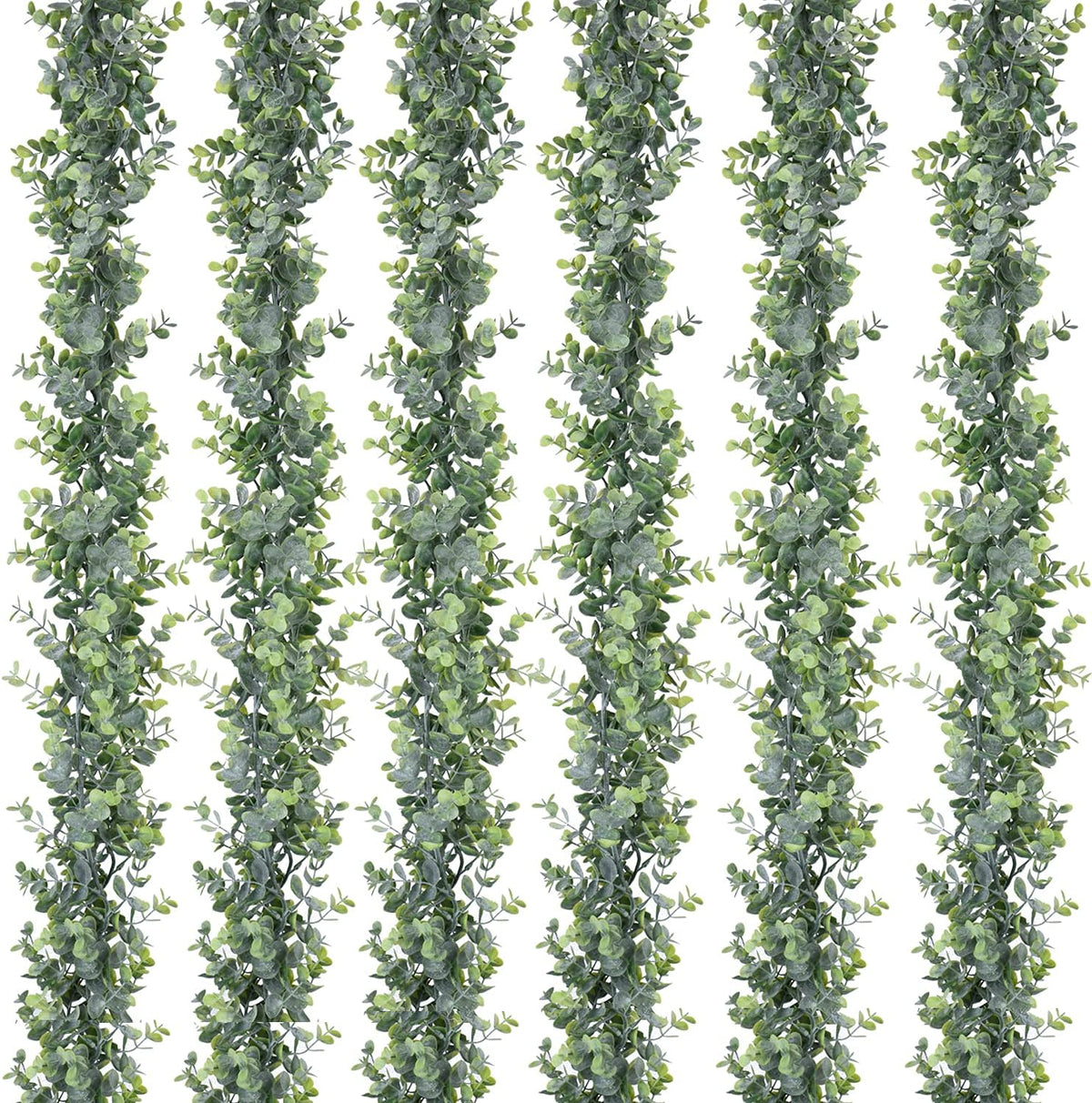 DearHouse Paquete de 6 guirnaldas de eucalipto artificial, enredaderas artificiales colgantes de hojas de eucalipto, guirnalda de follaje verde para decoración de arcos y fondos de bodas, 1,8 metros/pieza, protección UV, para interiores y exteriores.
