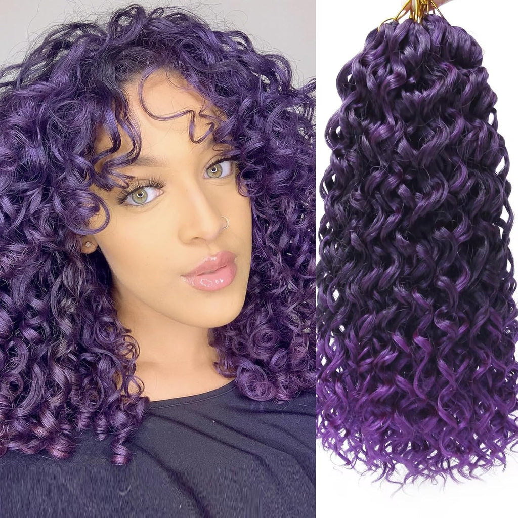 7 paquetes de cabello rizado para crochet GoGo Curl, cabello para crochet para mujeres negras, cabello para trenzas de onda profunda, extensiones de cabello sintético bohemio para crochet, trenzas de onda de agua (morado, 14 pulgadas)