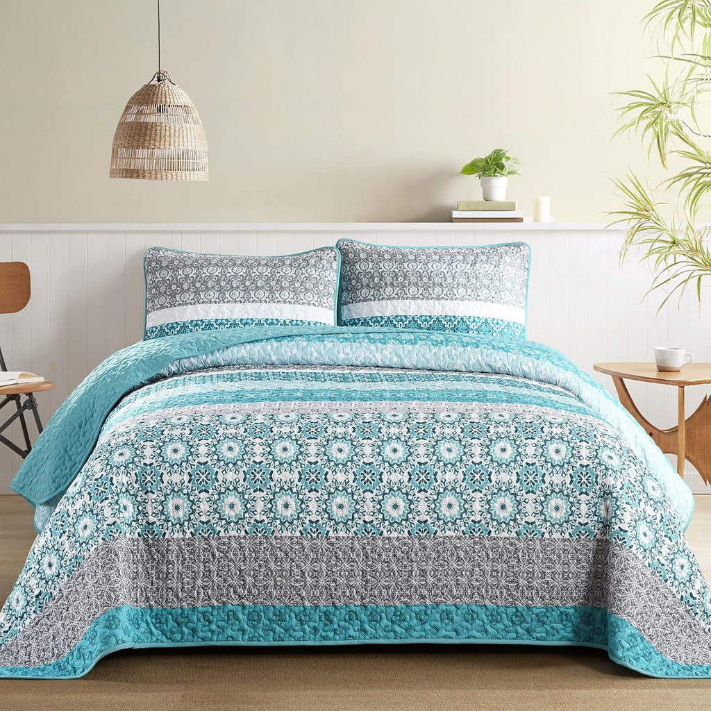 WONGS BEDDING Boho Quilt Set King Size,Teal Bohemian Striped Patchwork Bedspread Set,3 Pieces Lightweight Microfiber Bedding Set for All Seasons (104"×90")