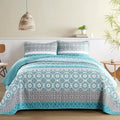 WONGS BEDDING Boho Quilt Set King Size,Teal Bohemian Striped Patchwork Bedspread Set,3 Pieces Lightweight Microfiber Bedding Set for All Seasons (104"×90")