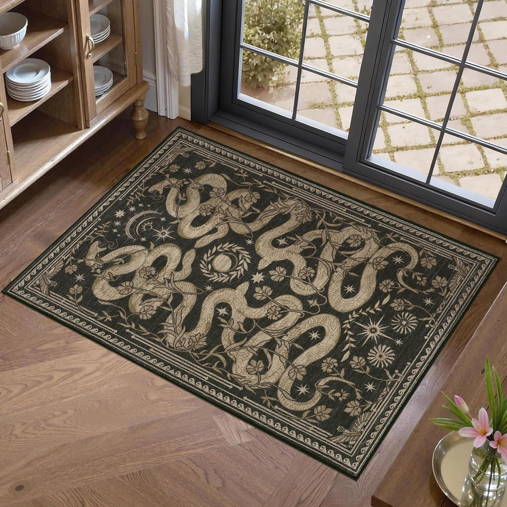 Snake Small Rug 2x3 Washable Door Mat Indoor Rugs for Entryway Non-Slip Gothic Witchy Fantasy Soft Low-Pile Thin Mat for Kitchen Bedroom Bathroom Dark Grey