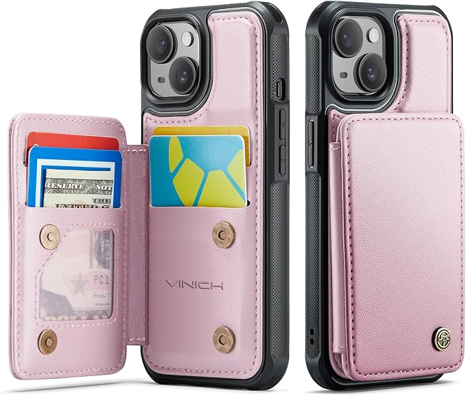 Vinich Funda tipo cartera para iPhone 14 Plus con tarjetero y ranuras de crédito con bloqueo RFID, función atril, a prueba de golpes, para iPhone 14 Plus de 6.7 pulgadas, color oro rosa