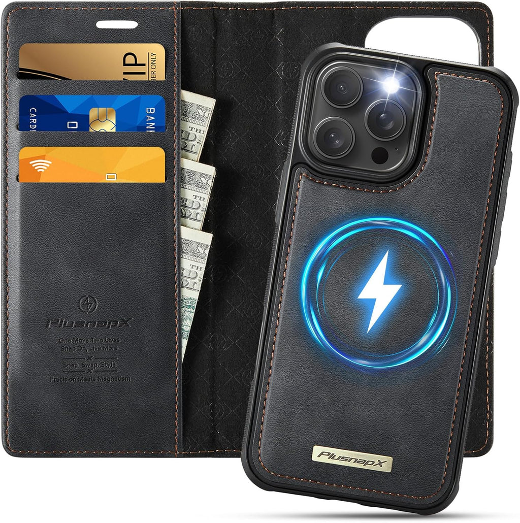Funda Tipo Cartera PlusnapX para iPhone 16 Pro | Compatible con MagSafe, 2 en 1 de Cuero PU | Bloqueo RFID con Soporte y Cierre Magnético | Negro