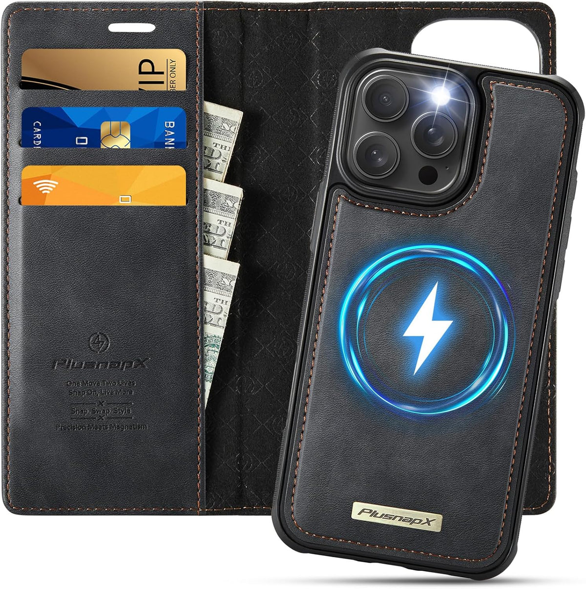 Funda Tipo Cartera PlusnapX para iPhone 16 Pro | Compatible con MagSafe, 2 en 1 de Cuero PU | Bloqueo RFID con Soporte y Cierre Magnético | Negro