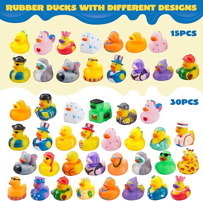 JOYIN 30 piezas de patos de goma, surtido aleatorio de patos a granel con bolsa de transporte de malla, patitos de goma mini para juguetes de baño de bebé, juguetes de verano para niños pequeños