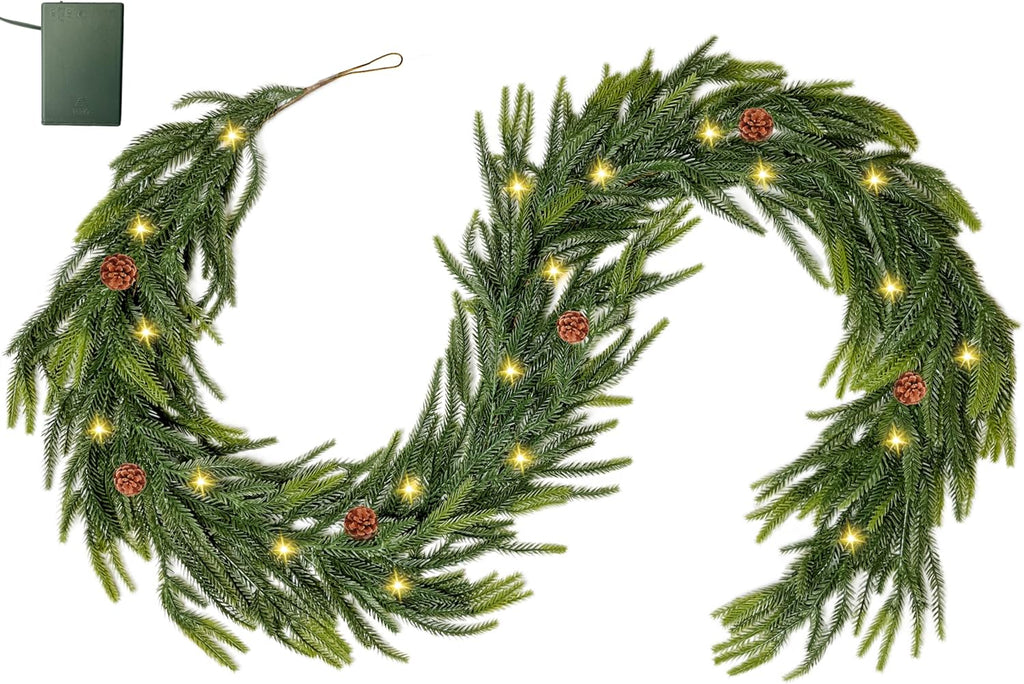 Guirnalda navideña de pino Norfolk de 1,8 m con luces de encendido y apagado automático, decoración navideña para interior y exterior, guirnalda de cedro artificial de tacto real para mesa, chimenea, repisa y pared. 
