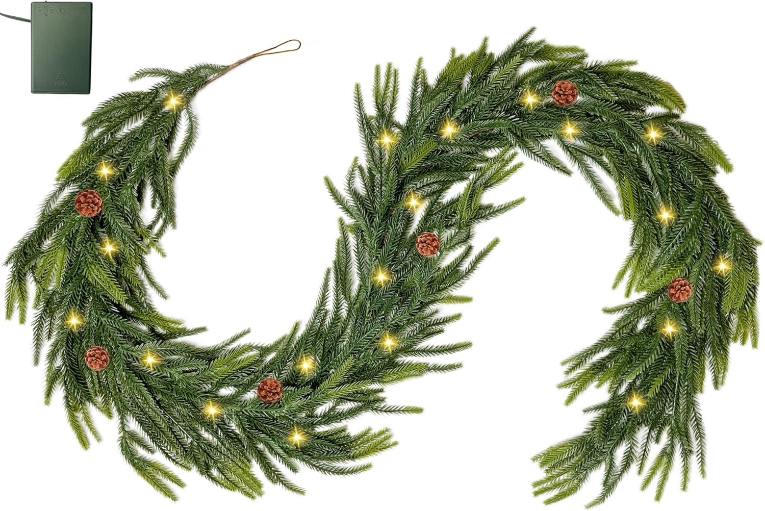 Guirnalda navideña de pino Norfolk de 1,8 m con luces de encendido y apagado automático, decoración navideña para interior y exterior, guirnalda de cedro artificial de tacto real para mesa, chimenea, repisa y pared. 