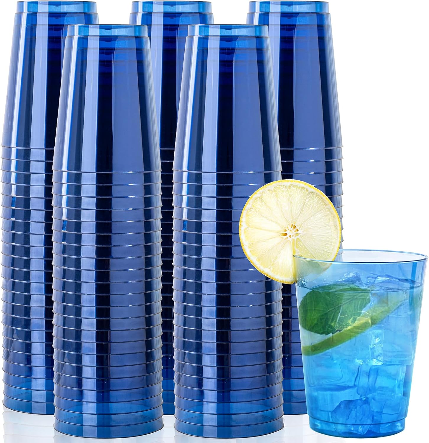 DaYammi - Paquete de 100 vasos de plástico azul transparente de 10 oz - Vasos desechables azules resistentes, vasos azules para fiestas, vasos desechables para bodas, cumpleaños, cócteles y celebraciones, vasos reutilizables. 