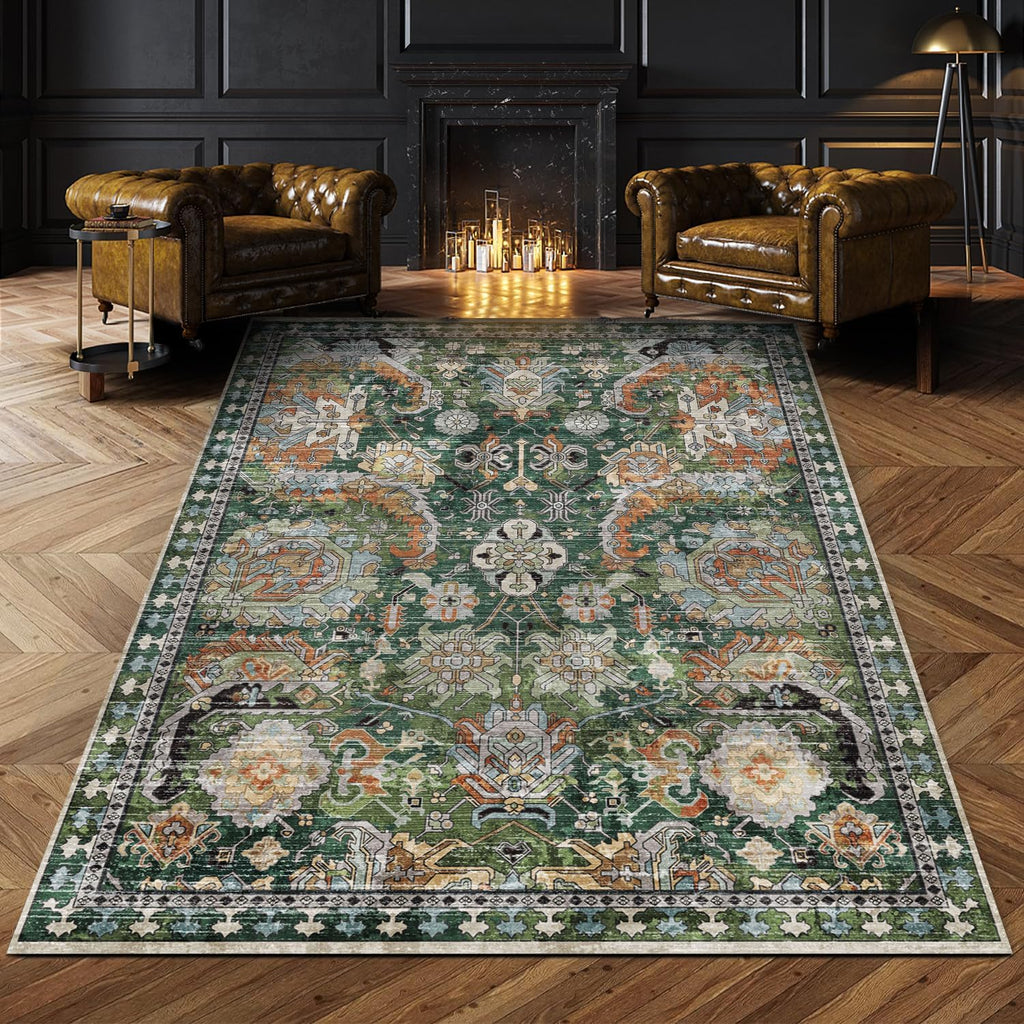 RUGSURE Alfombra Lavable Antideslizante, Resistente a Manchas y Agua, para Sala, Dormitorio, Cuarto de Ninos, Diseno Tribal Vintage, Verde, 3 x 5 pies
