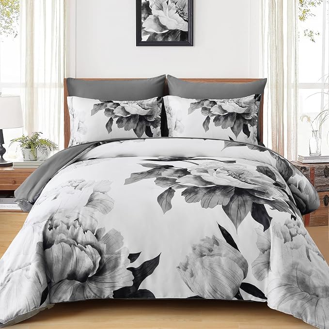 Dobuyly Juego de edredón gris Queen de 7 piezas cama en una bolsa
