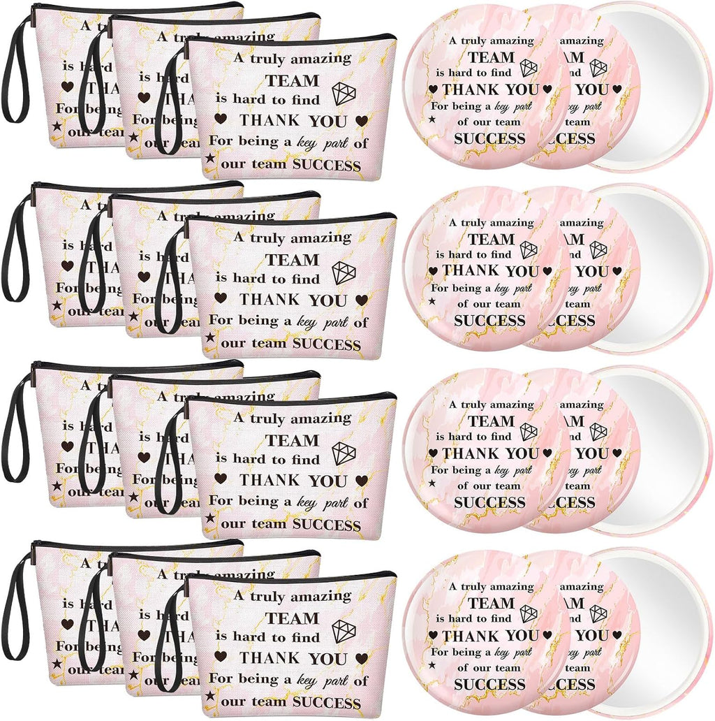 Xuniea 24 piezas Regalos de agradecimiento para empleadas para mujeres 12 neceseres de maquillaje de lona motivacionales 12 espejos de bolsillo Regalos inspiradores de agradecimiento para maestras, Día de la Madre, Equipo de enfermeras (Equipo increíble)