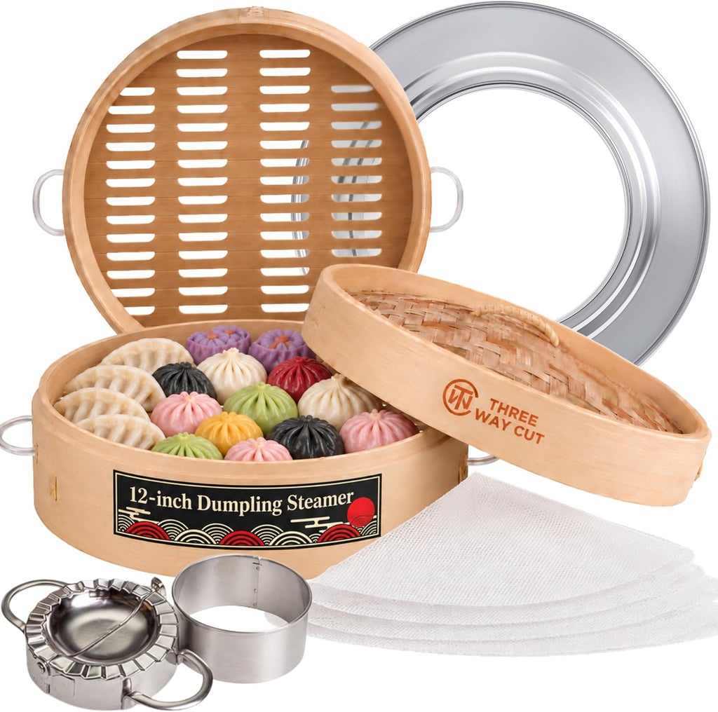 Vaporera de bambú de 30 cm| Cestas vaporeras de 2 niveles para dumplings con asas - Tamaño extragrande, revestimientos de silicona para alimentos, adaptador de anillo, molde y prensa para cocinar dim sum, potstickers, comida china asiática
