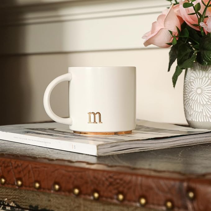 COLLECTIVE HOME - Tazas de cerámica con monograma, tazas de café con inicial dorada de 15 onzas, elegantes tazas de té del alfabeto, elegante taza personalizada con caja de regalo, tazas de lujo para
