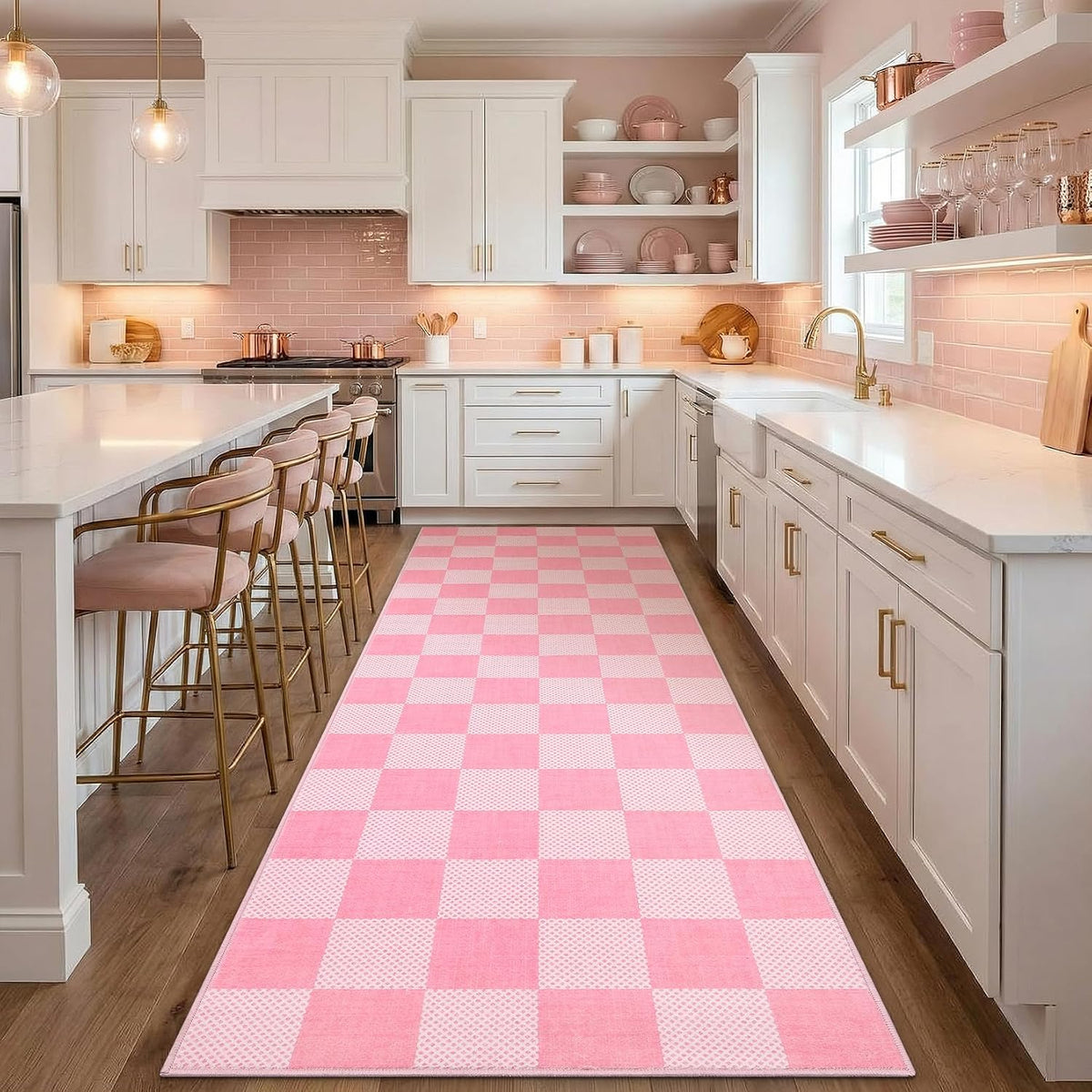Tapete Corredor de Cocina GarveeHome a Cuadros Rosa Rubor y Blanco 0.6x1.8m, Lavable Geométrico Moderno Pila Baja para Dormitorio Pasillos Entrada Base TPE Antideslizante