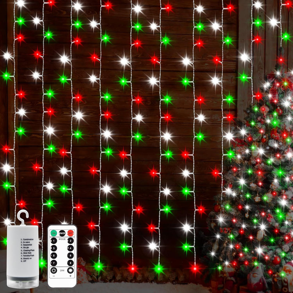 Luces Cortina Navidad 300 LED Rojo Blanco Verde 3m x 3m con Control Remoto y Timer – A Batería