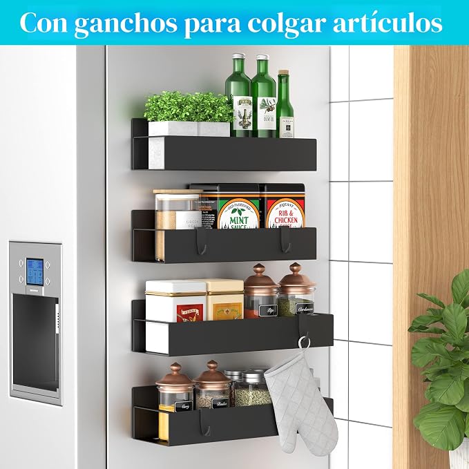 HuggieGems - Organizador magnético de almacenamiento de especias de metal para refrigerador y horno, paquete de 4, color negro