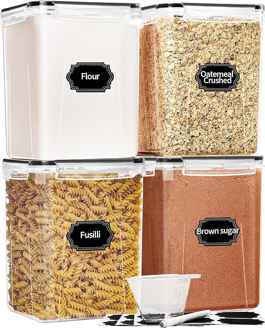 HKJ Chef Pack de 4 Contenedores Herméticos Extra Grandes para Alimentos | 6.5L | Sin BPA | Organizador de Despensa para Cereales, Harina y Azúcar | Incluye Etiquetas y Marcador