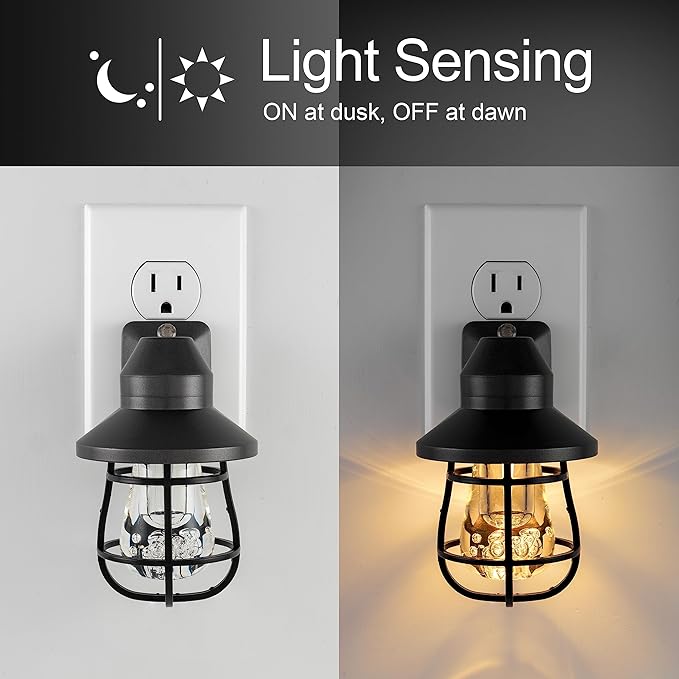 Luz nocturna LED vintage, enchufable, con sensor de atardecer a amanecer, estilo casa de campo, iluminación ambiental, decoración del hogar, luces LED para dormitorio, baño, cocina, pasillo
