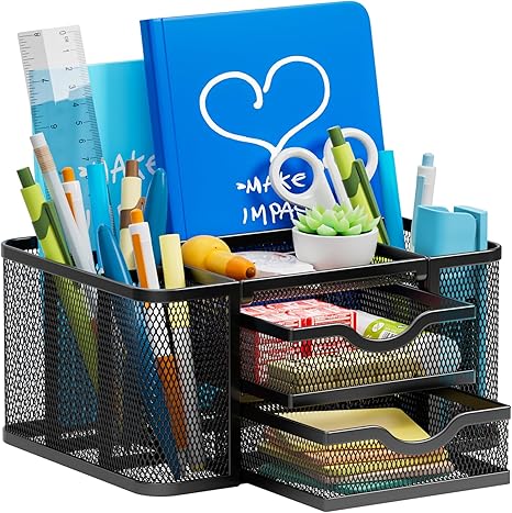 Marbrasse Organizador de escritorio de malla, portaplumas con 2 cajones, portalápices multifuncional, organizadores de escritorio y accesorios con 5 compartimentos + cajón para suministros de arte