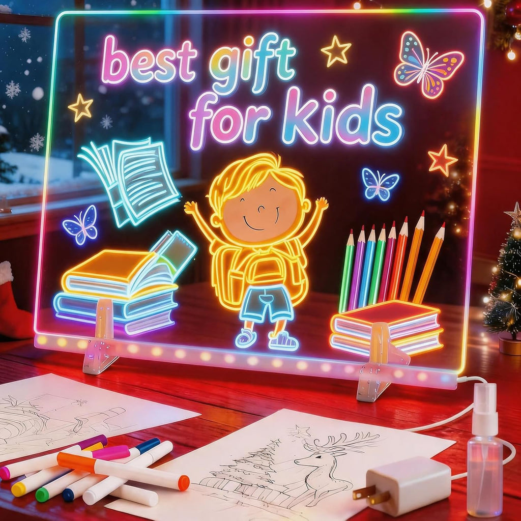 Pizarra LED para niños: pizarra electrónica blanca de acrílico borrable, tableta de dibujo de 40 x 30 cm, 6 modos y 8 colores de luz, juguete para niños con 13 LED, regalos de cumpleaños y días festivos para niñas y niños.