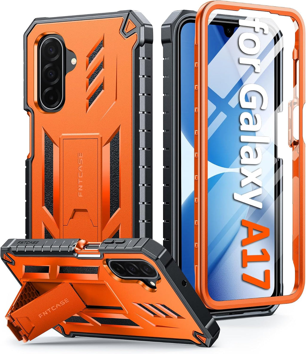 Funda FNTCASE para teléfono Galaxy A17-5G: para Samsung Galaxy A17 con [Protector de pantalla y soporte integrados] [Protección contra caídas de grado militar] Funda protectora resistente a golpes de TPU para teléfono celular (naranja)