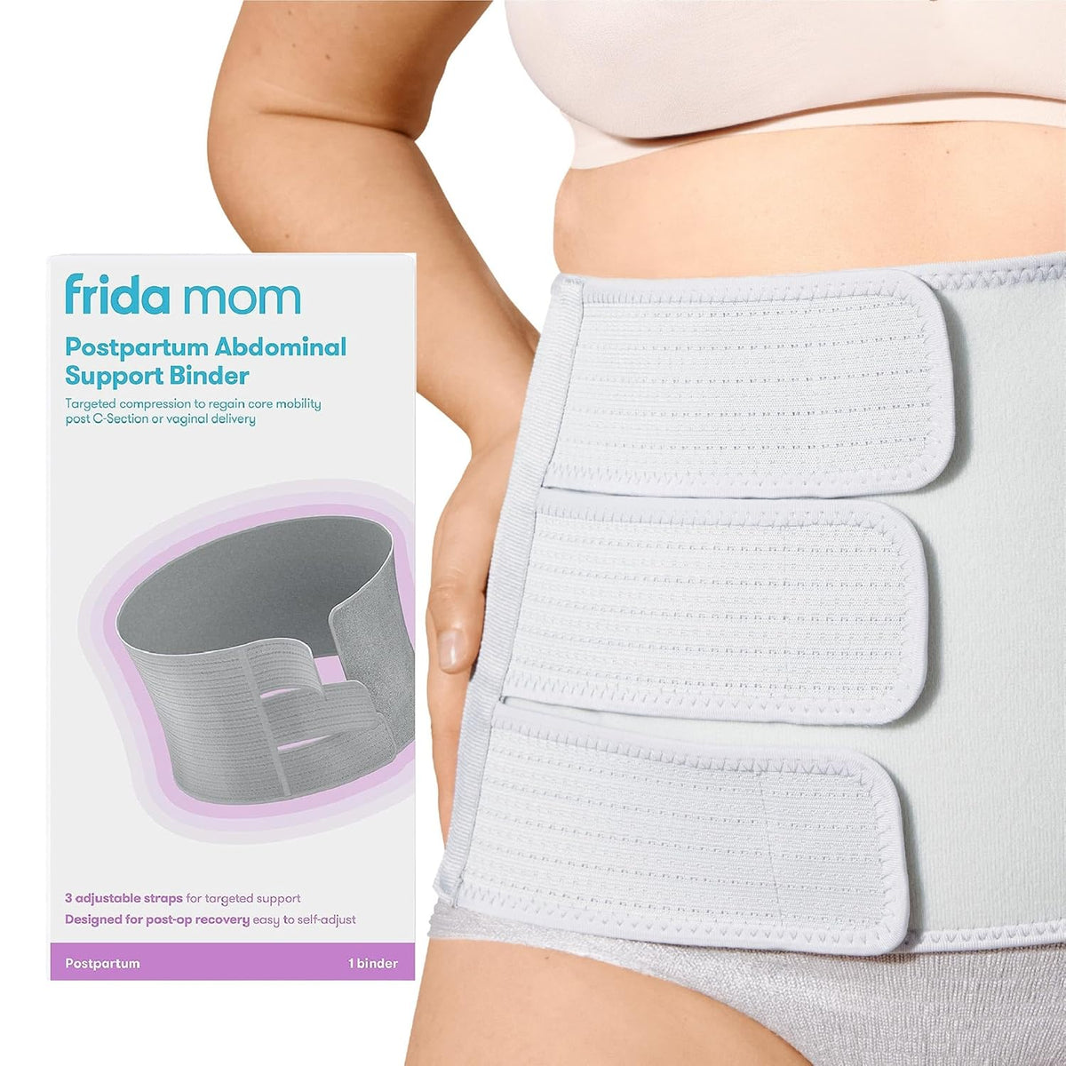 Faja abdominal Frida Mom, artículos esenciales para la recuperación posparto natural y por cesárea, faja de compresión ajustable, soporte posparto, banda abdominal, 23 cm de altura.