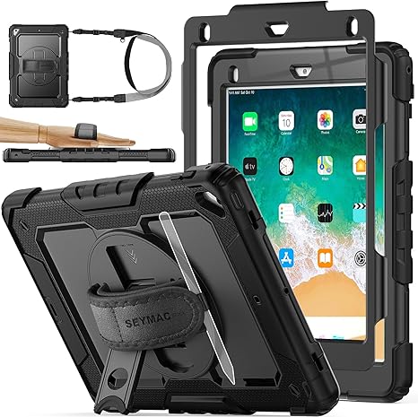 Funda SEYMAC para iPad 6ta/5ta Generación, Air 2 y Pro 9.7" — Protección Robusta con Soporte 360°, Correa y Porta Lápiz