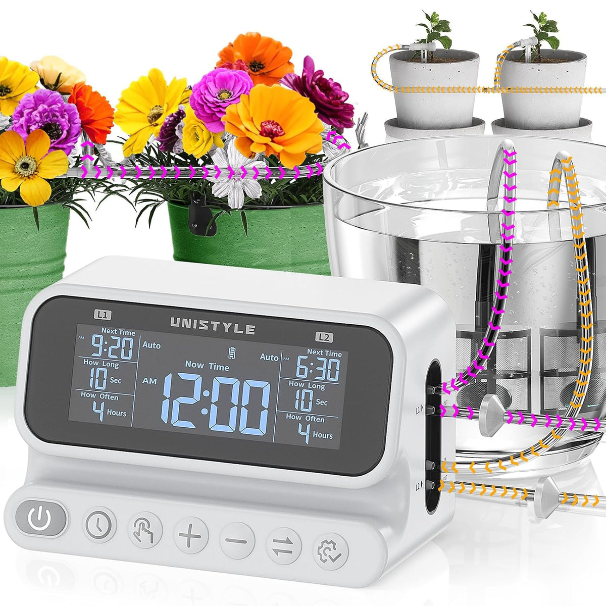 [Nuevo modelo 2027] Riego automático de plantas de 2 zonas para interiores, dispositivos de riego Unistyle para plantas en maceta, sistema de riego por goteo programable