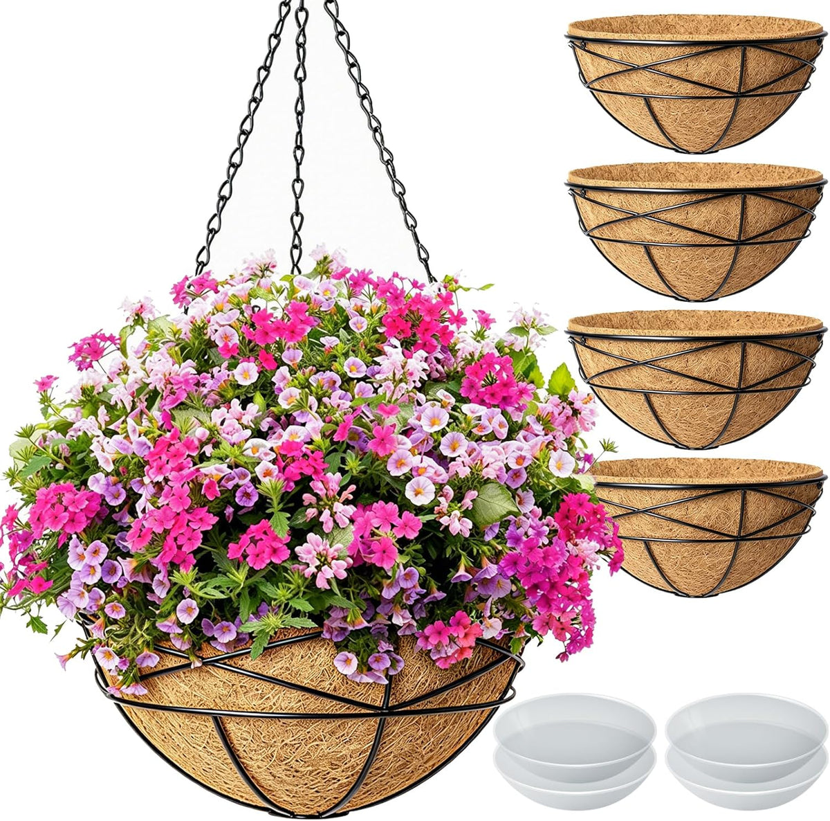 Maceteros Colgantes Karlliu Pack de 4 de 10 Pulgadas | Canastas de Alambre Metálico con Forros de Coco Natural | para Plantas de Exterior y Jardín